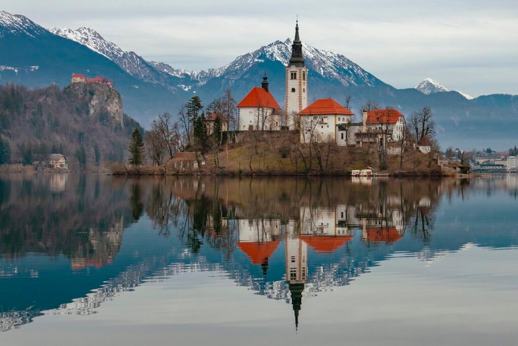 church, slovenia, lake