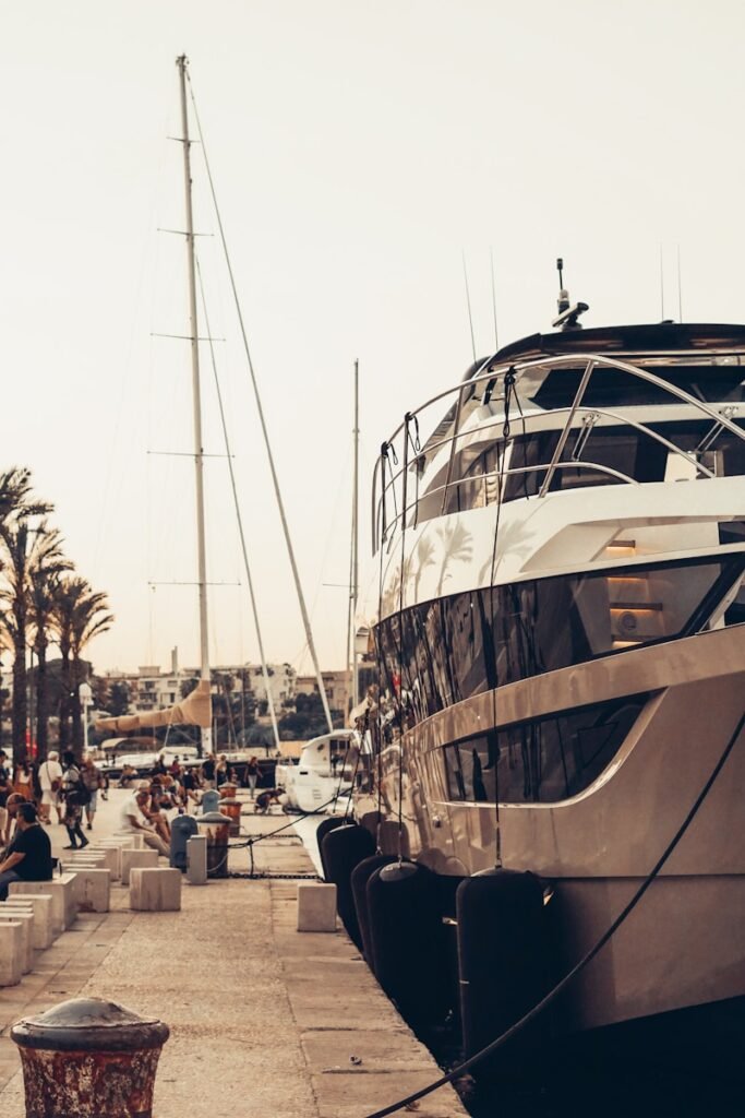 people walking on sidewalk near white and brown boat during daytime