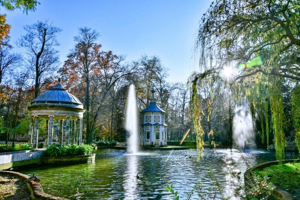 Fountains on Pond in Park